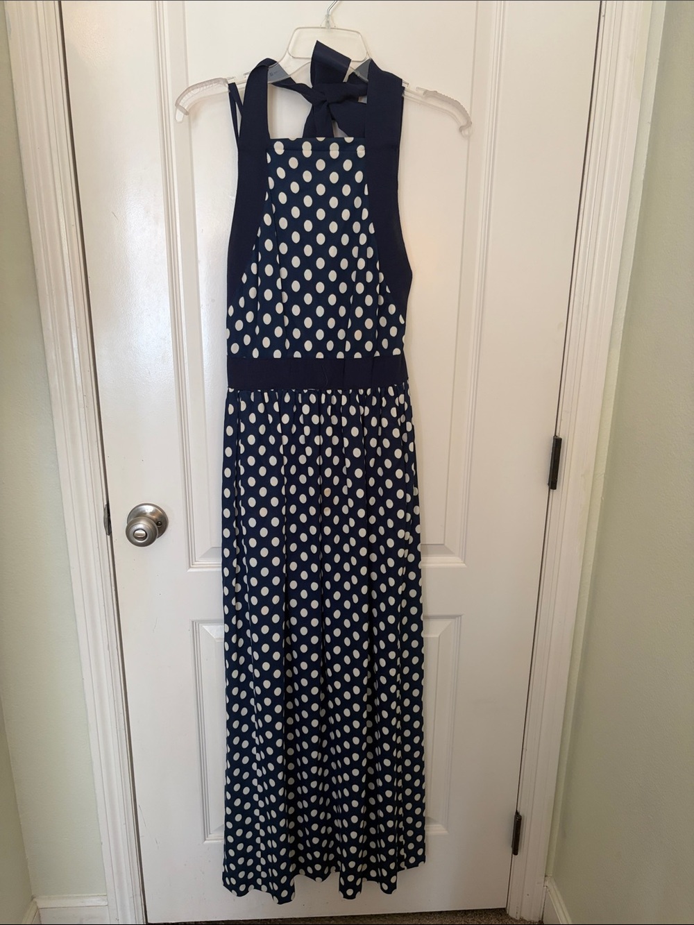 Vintage Navy and White Polka Dot Halter Maxi Dress with Grosgrain Ribbon-size 5?